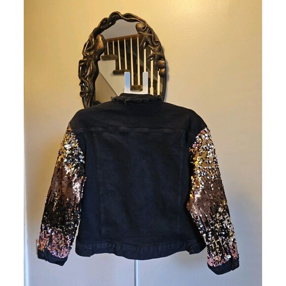 AKIRA Camila Sequin Sleeve Black Denim Jean Jacket Womens XL New NWT Bling - Picture 9 of 9
